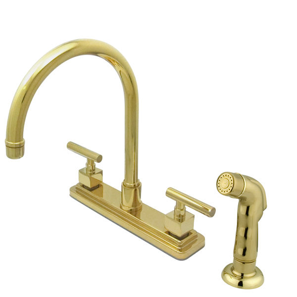 Robinet de cuisine central à deux poignées 8 po Kingston Brass Claremont, Chrome poli, Avec douchette latérale
