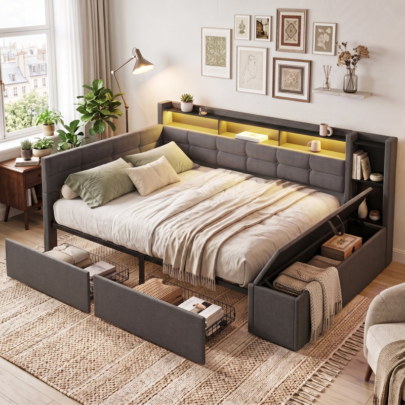 Smart Upholstered Storage Daybeds Upholstered Linen Daybed, Grey