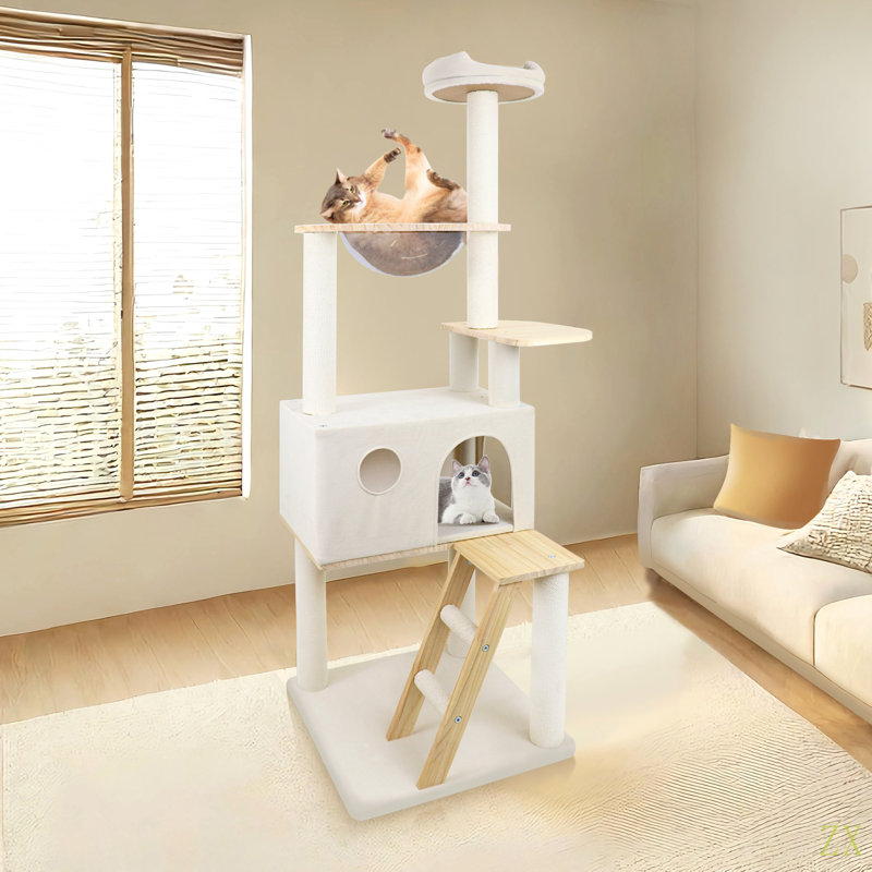 Arbre à chat en bois avec grande échelle en bois et vaisseau transparent 165 cm