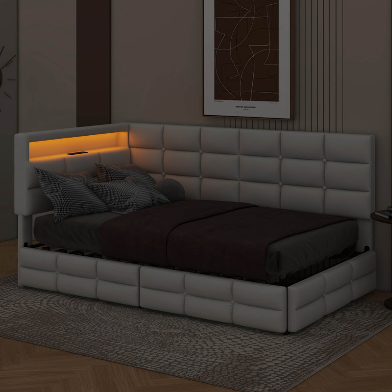 Lit de jour rembourré simple avec 2 tiroirs de rangement, lumières DEL et station de charge, Beige