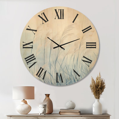 Hushed Blue Reeds II - Coastal Decorative Wall Clock, Printed on Wood