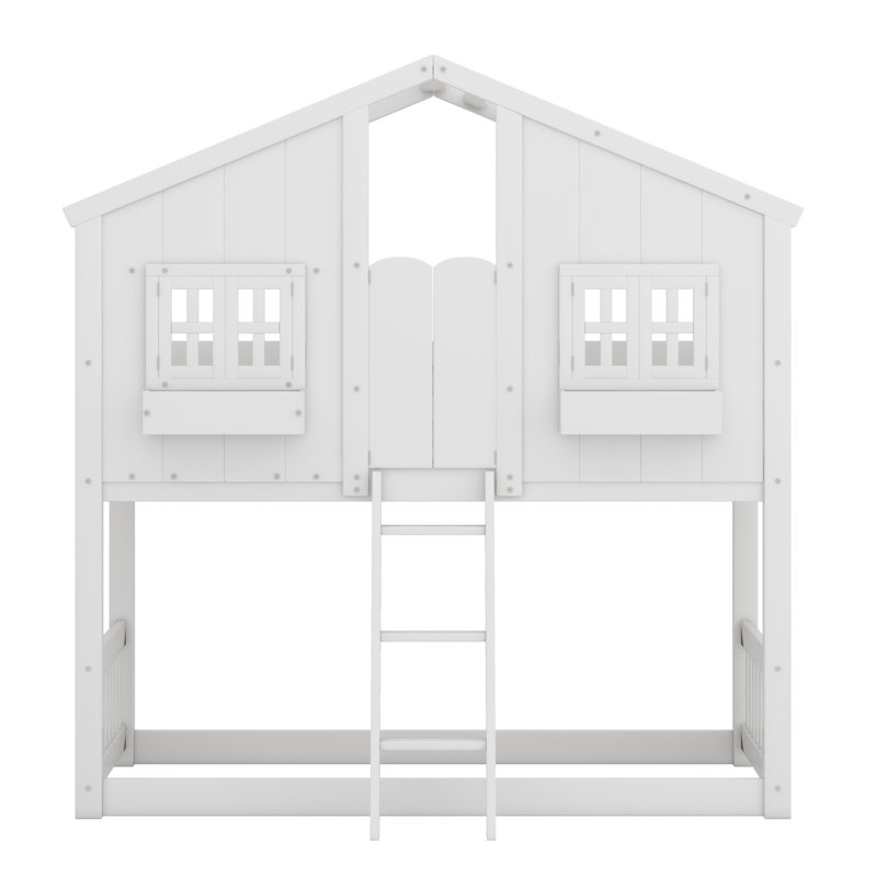 Lit superposé House avec toit, fenêtre, boîte de fenêtre, porte, avec barrières de sécurité et échelle, Blanc