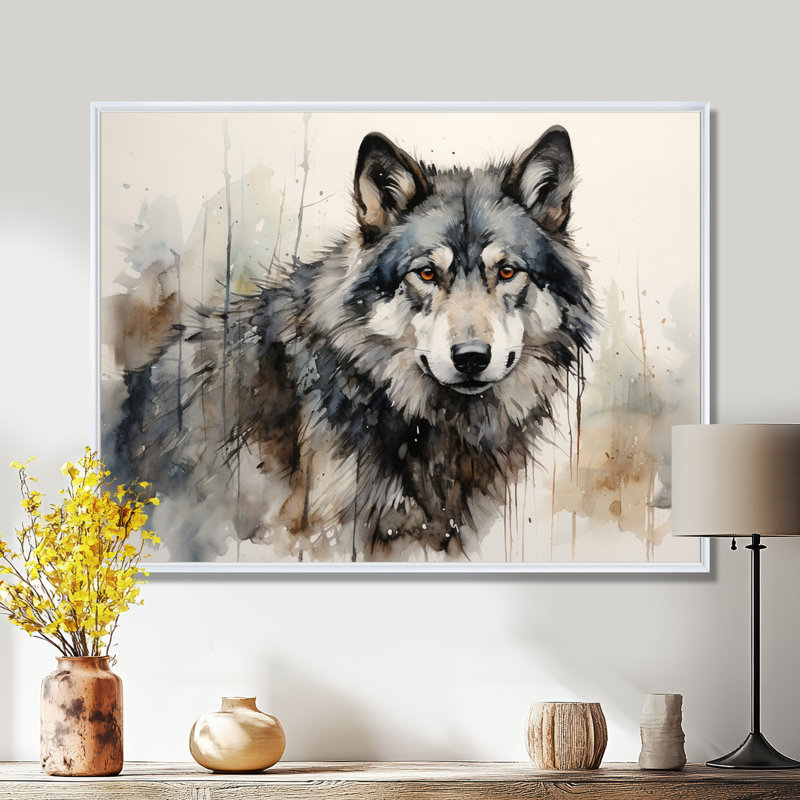 Loup solitaire - Décoration murale loup, H 24 po x l 32 po, Blanc, Reproduction avec cadre flottant