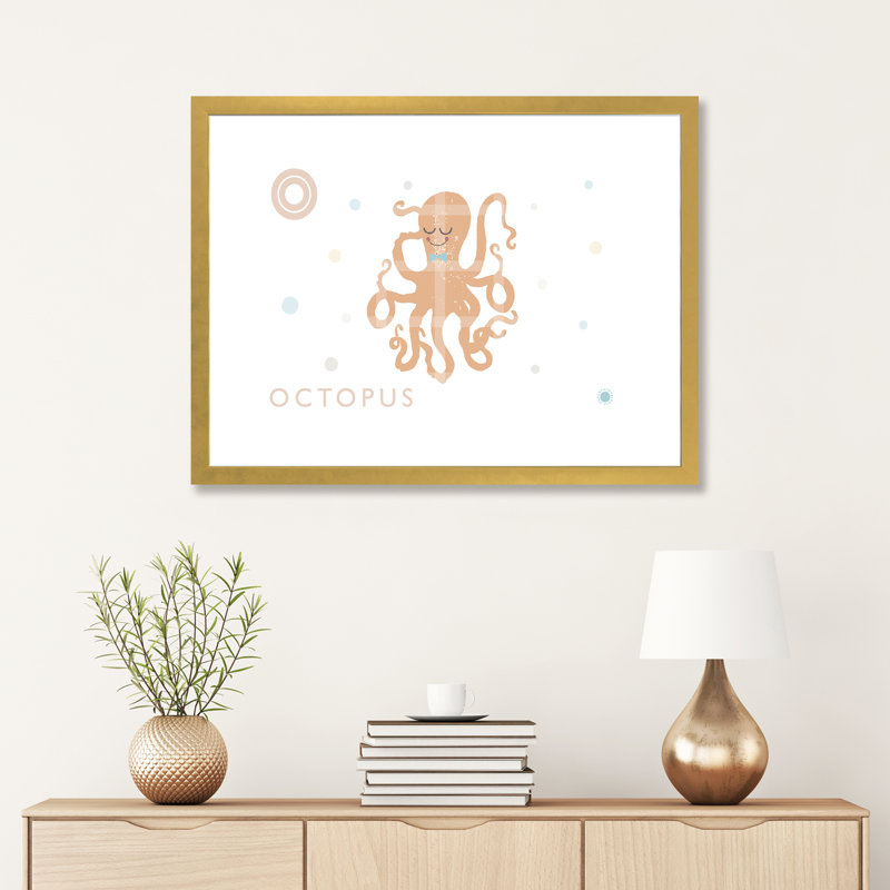Pieuvre - impression d'art graphique, Papier encadré doré, H 24 po x l 32 po x P 1 po, Blanc