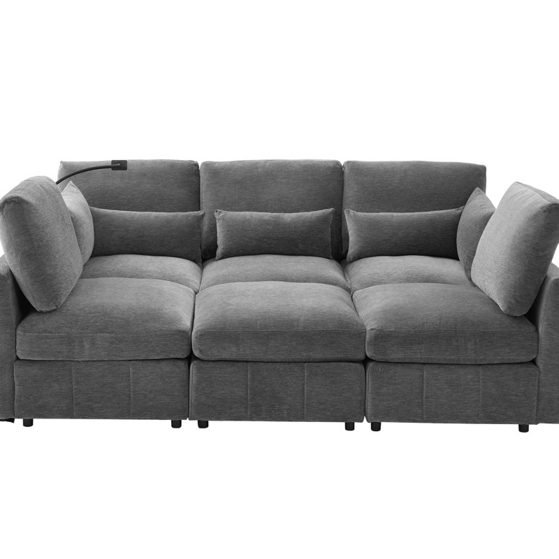 Modern, U-Shaped, Sectional , Movable , Ports, Phone Holder, Lumbar Pillows, Living Room, Grey, Chenille Upholstery, Modular Design Multi-Functional 85.4" With Built-In Charging, And Three Ergonomic