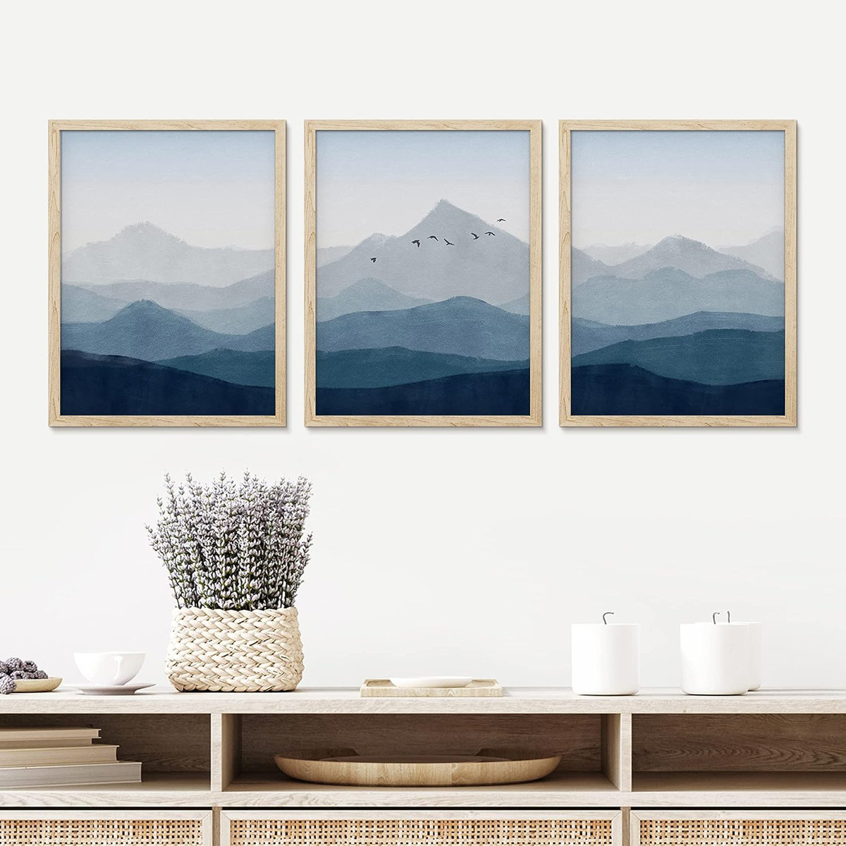 IDEA4WALL Abstract Landscape Framed Blue Mountain Wall Art, Set Of 3 ...