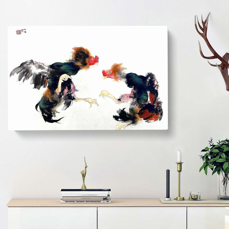 Fighting Cocks by Takeuchi Seiho - Wrapped Canvas Painting, 35cm H x 50cm W x 3cm D