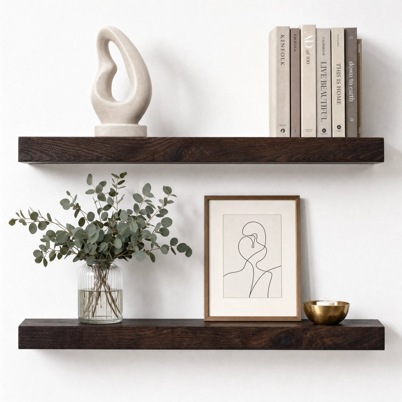 Desseray Set of 2 Reclaimed Elm Floating Shelves, Walnut, 1.5" H x 30" W x 8" D