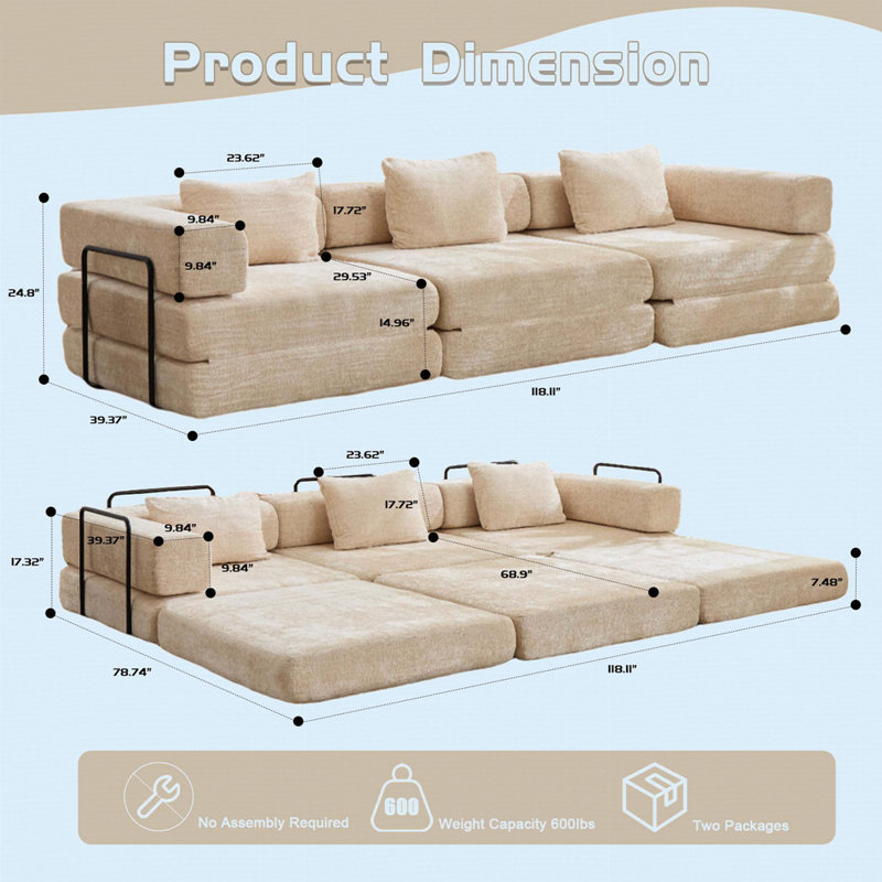Canapé à compression, canapé-lit à plancher convertible à structure fixe, canapé modulaire désossé, Beige