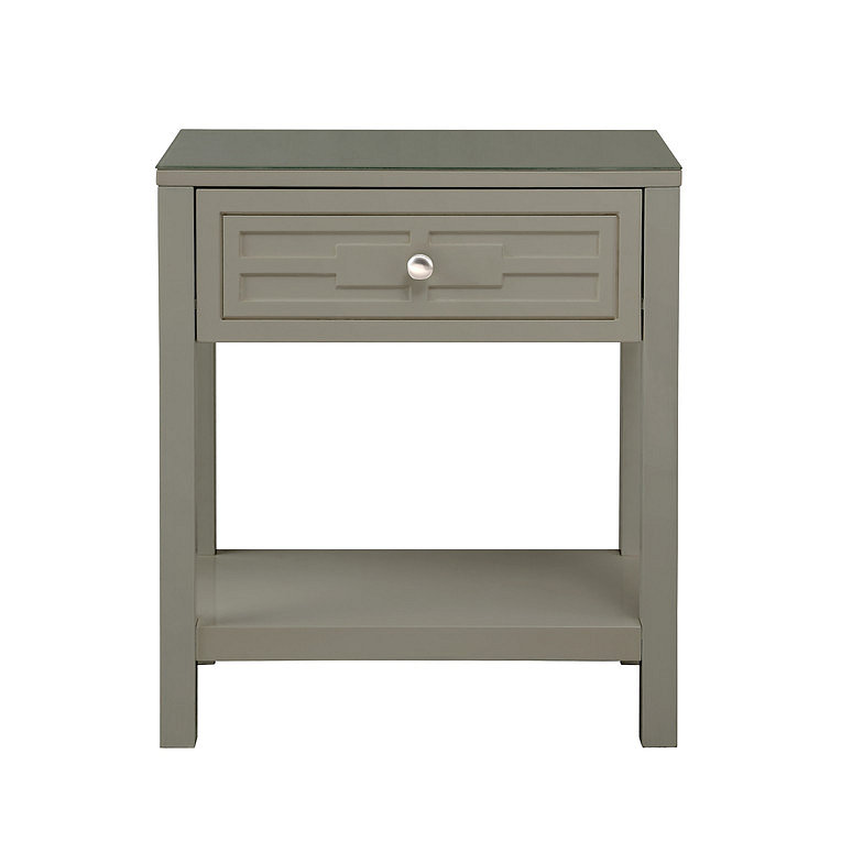 23"W Wooden End Side Table Nightstand With Glass Top And Drawer