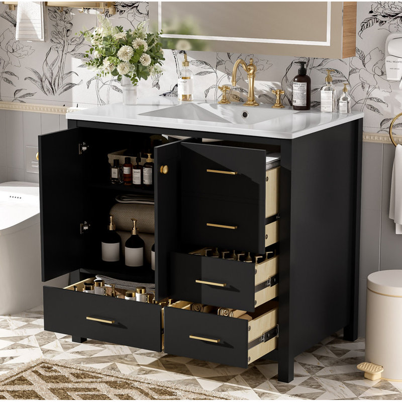 Ensemble de meuble-lavabo 36 po avec lavabo en céramique, meuble de rangement en bois massif, ensemble de meuble-lavabo autoportant avec 4 tiroirs et portes à fermeture douce, noir