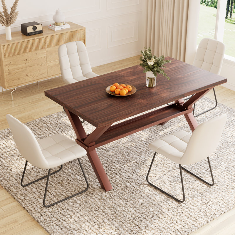 Kitchen Dining Set, 63'' Dining Table with 32.8'' Upholstered Dining Chairs(Table 4Chairs), Dark Brown Wood, White
