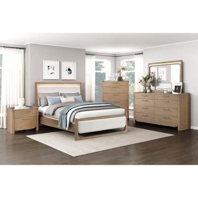 Lit tapissier brun moderne avec tête de lit et rails à DEL, grand lit avec éclairage texturé, cadre en bois pour