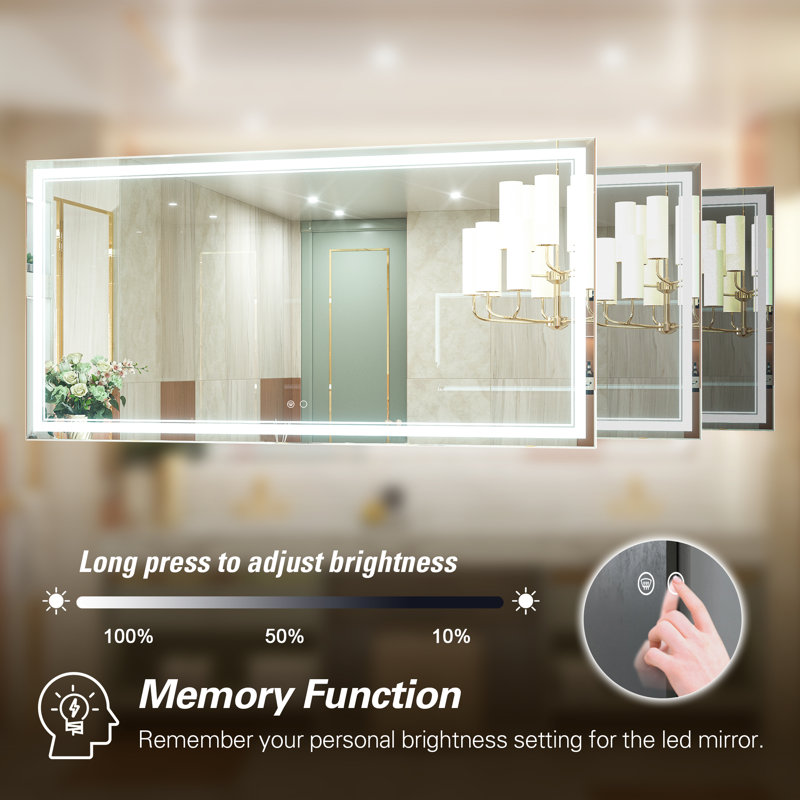 Adorna Frameless LED 3 Colour Dimmable Lighting Bathroom / Vanity Mirror, Memory Function, Anti-fog, 72" x 36"