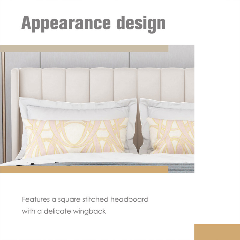 Beige Velvet Queen Upholstered Platform Bed with Tufted Headboard