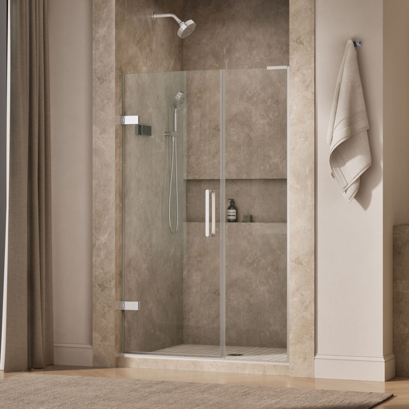 Composed 45-1/4-In46-In W X 71-1/2-In H Frameless Pivot Shower Door With 3/8-In Crystal Clear Glass And Back-To-Back Vertical Door Pulls