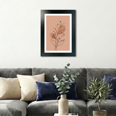 Scandinavian Nordic Botanical Linework Wall Art Home Decor, Giclee Art Print, Minimal Peach Terracotta Illustration with Black Ink Leaves 1 Piece Wall Art