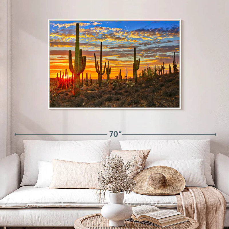 Cactus coucher de soleil, Cadre flottant blanc, 46 po x 31 po