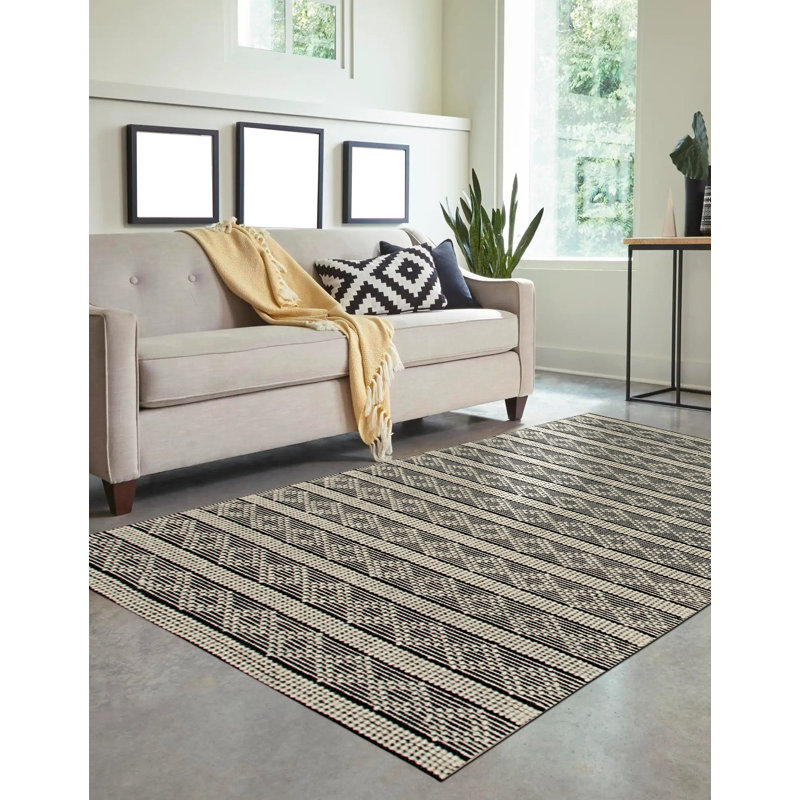 Tapis rayé noir en laine fabriqué à la main Selene, Rectangulaire 8 pi x 10 pi