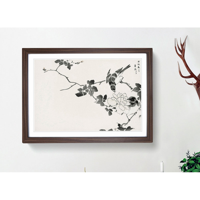 Robin Birds & White Lotus by Numata Kashu - Picture Frame Painting Print, 50cm H x 76cm W x 2cm D, Walnut