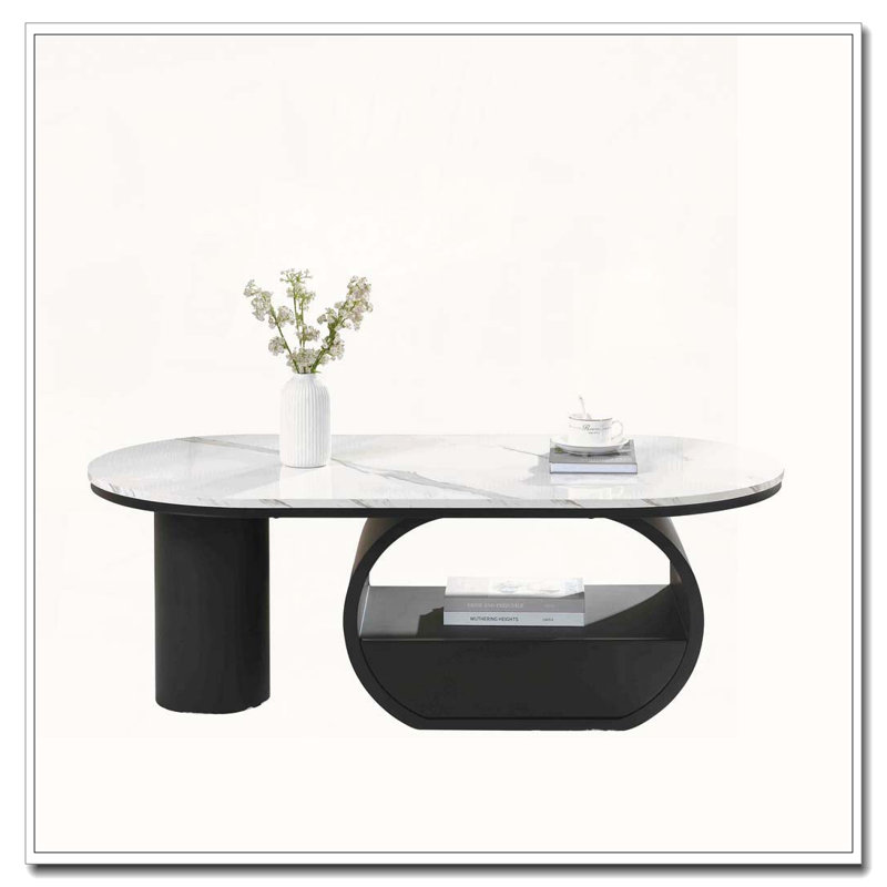 47.24'' Oval Coffee Table, White/Black, Marble
