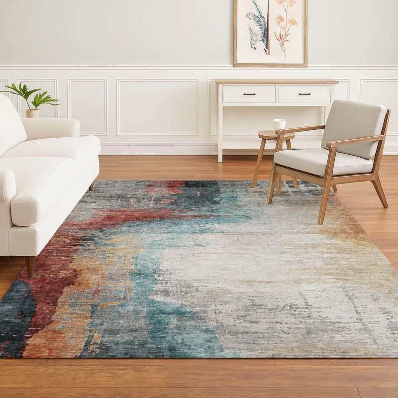 Premium Machine Washable Mayfield Abstract Rug, Teal, 2'6" x 3'10"