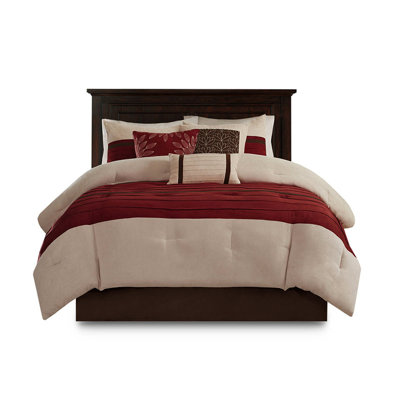 Comforter - Red King Faux Suede Pieced 3 Pillows Machine Washable Stylish 7 Pc Decorative Easy To Clean