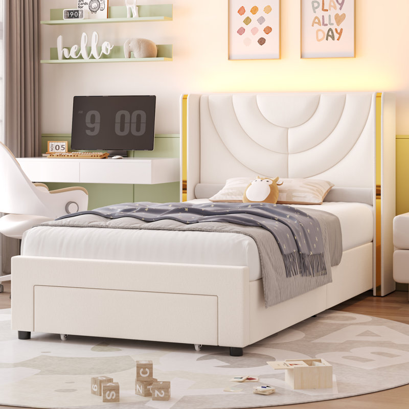 Kids Bed with LED Lights & Storage, Velvet Upholstered Wingback Platform Bed Frame, Noise-Free, Twin Size, Twin, Cream