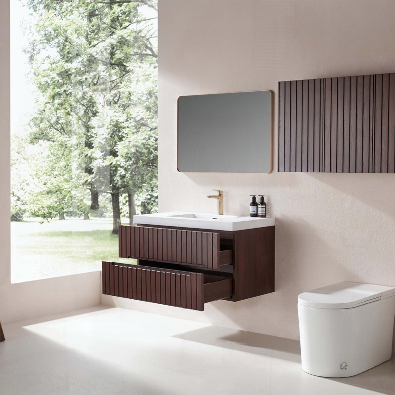 Meuble-lavabo mural flottant avec lavabo intégré en acrylique et 2 tiroirs, Noyer de 37 po