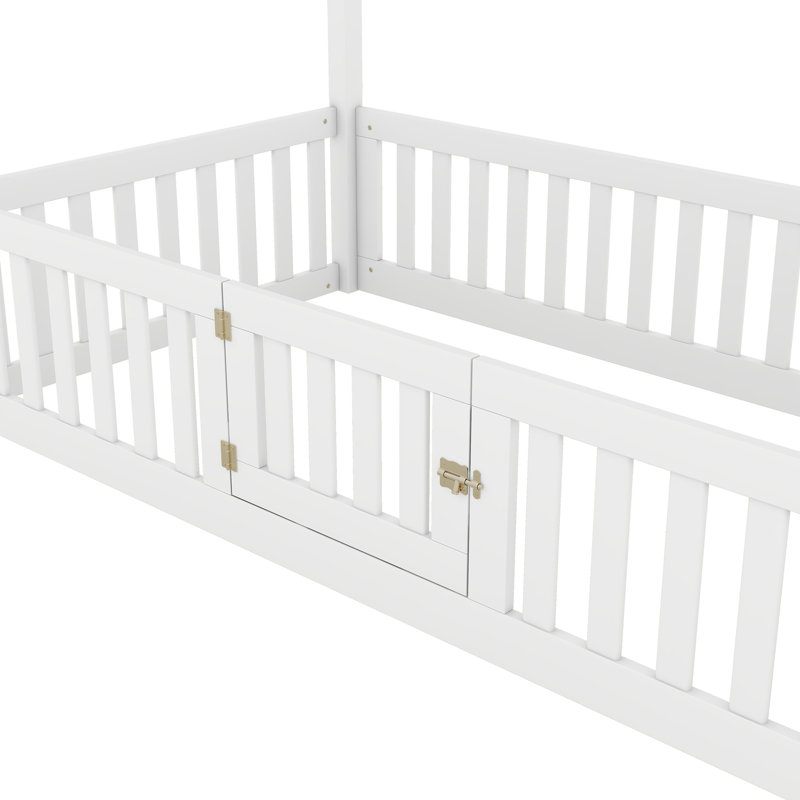 Lit en bois avec clôture, porte et finition délavée délavée, Blanc, Lit simple