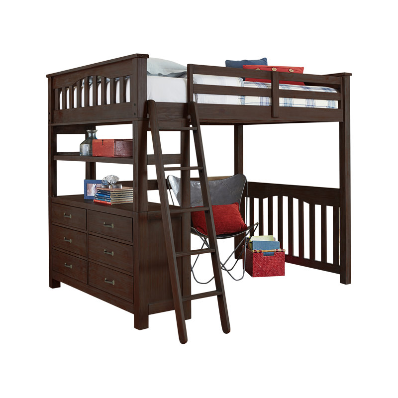 Lit mezzanine en bois massif à 6 tiroirs avec bibliothèque Mateo par Greyleigh™ Baby & Kids, Double, Espresso