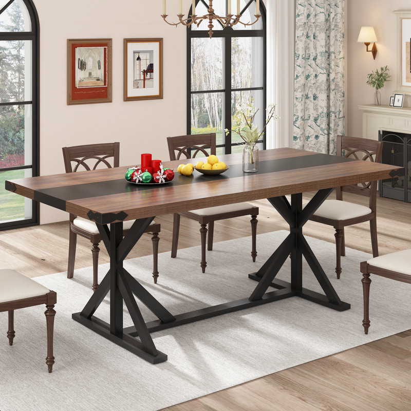 Dariusz Farmhouse Dining Table, Kitchen Rectangular Large Rustic Dinner Table, Adjustable Leg For Dining Living Room, Black