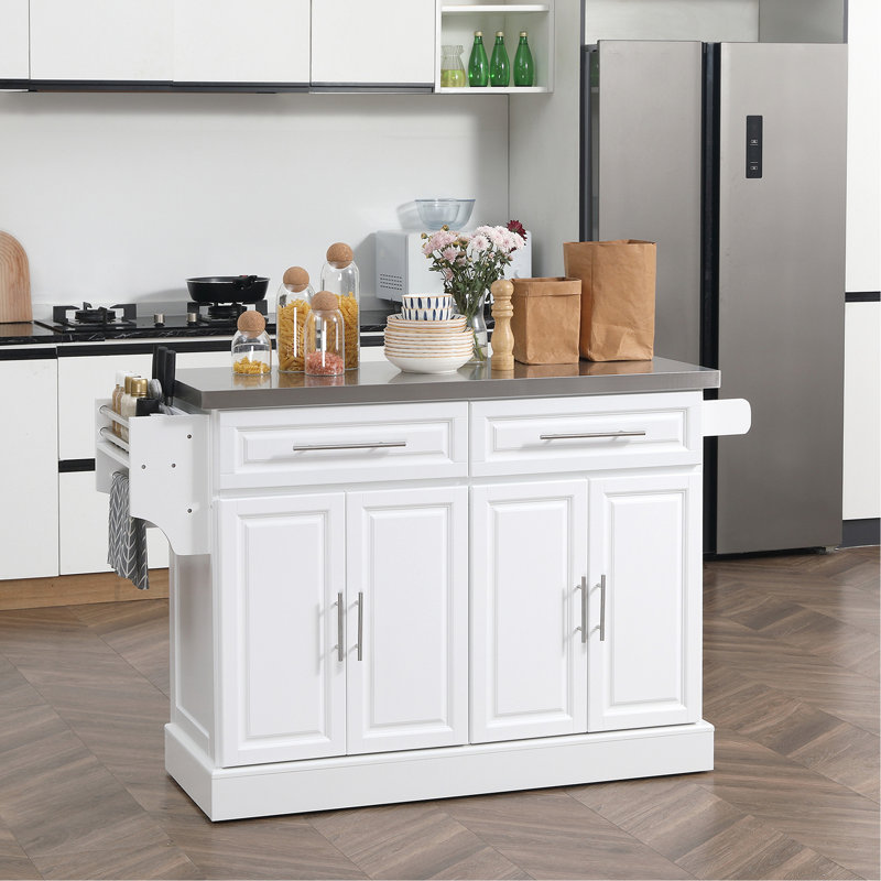 Portable Kitchen Island With Storage, White, Stainless Steel Countertop, 2 Drawers, Cabinets, Spice Rack, Towel Holder Mobile Countertop Drawer And Cabinet Top, Stand, Compact Storage