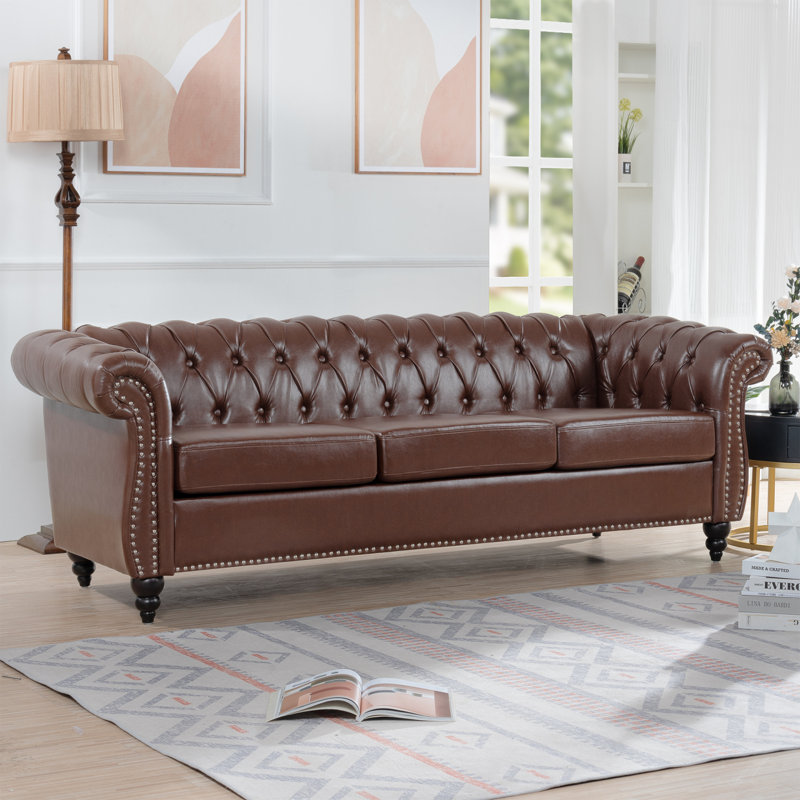 Canapé Chesterfield 3 places Elaiza, Marron foncé, H 29 po x l 84 po x P 32,5 po, Noir