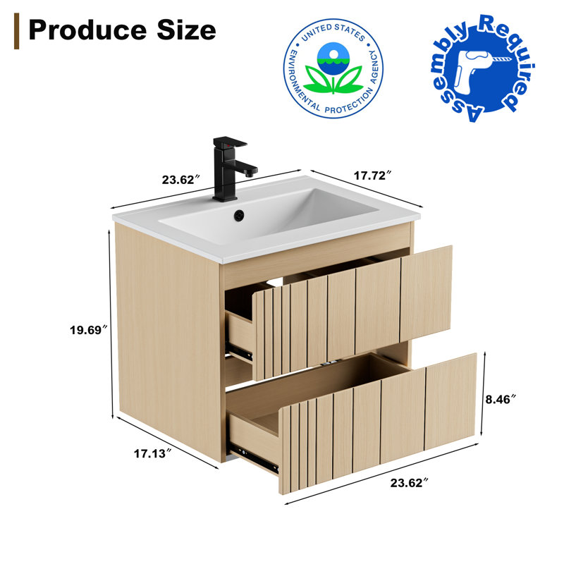 24" Wall Mounted Bathroom Vanity Set With Sink Top, Faucet And Drain, Wood Tune Floating Cabinet, 24"
