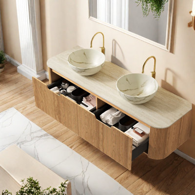 Meuble-lavabo spacieux spacieux avec plateau en pierre frittée, armoire à grain de bois et deux éviers en céramique