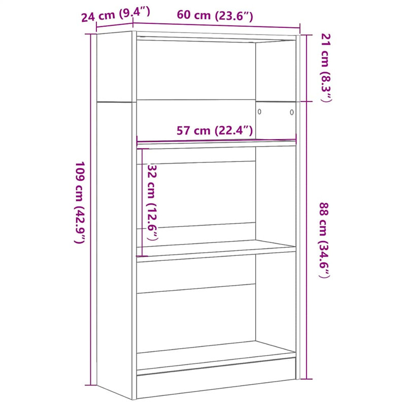 Athema Standard Bookcase, (3 Shelves) 109cmH x 60cmW x 24cmD, Black Oak