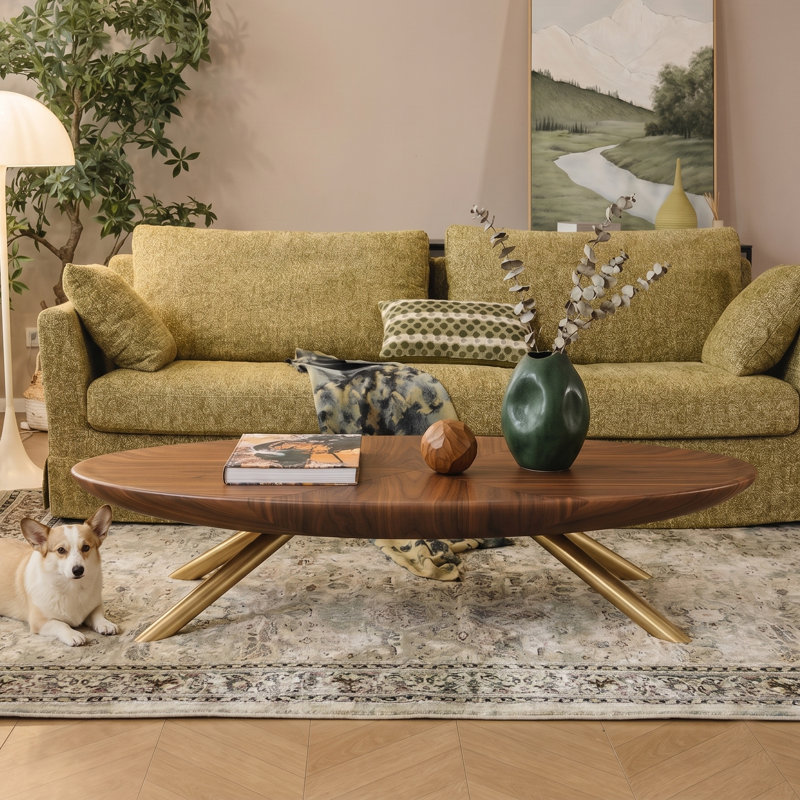 51" Oval Coffee Table, Modern Walnut Wood Cocktail Table with Gold Metal Legs