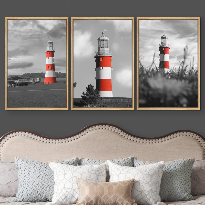 Décoration murale moderne phare de couleur vive avec paysage noir et blanc, H 36 po x l 72 po, Cadre naturel flottant