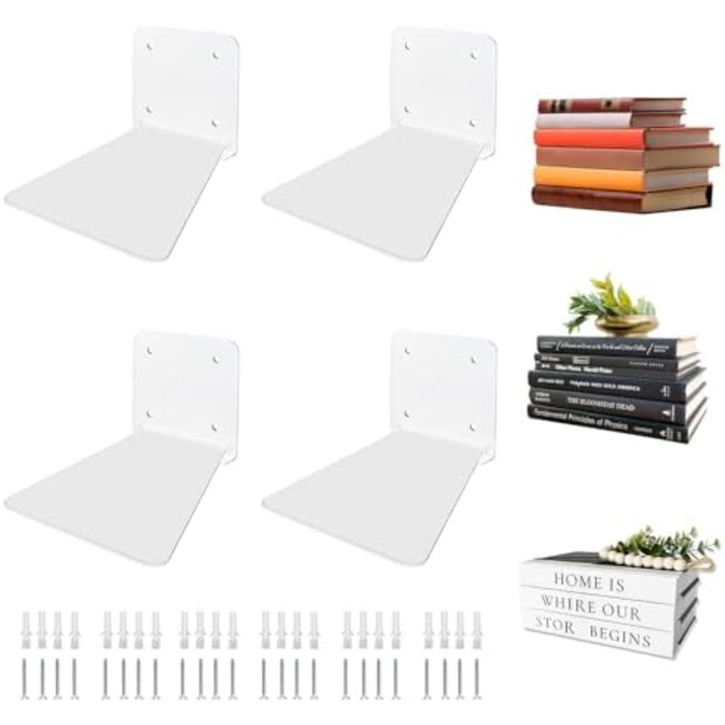 Bibliothèque flottante invisible - Étagères murales en métal blanc moderne pour la chambre, bibliothèque de chambre à coucher, petite bibliothèque au design minimaliste, rangement élégant pour les livres et les décoratifs (4 PCS)