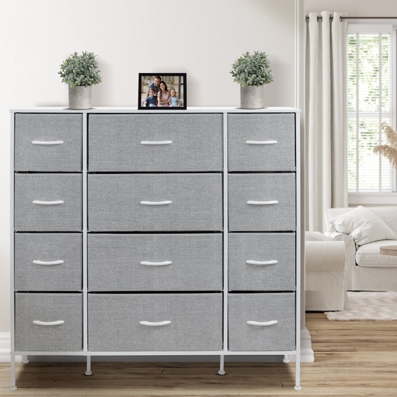 Sleek White 12-Drawer Organizer with Faux Wood Top and Steel Frame