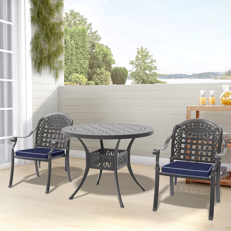 3-Piece Set Of Cast Aluminum Patio Furniture With Blue Cushions