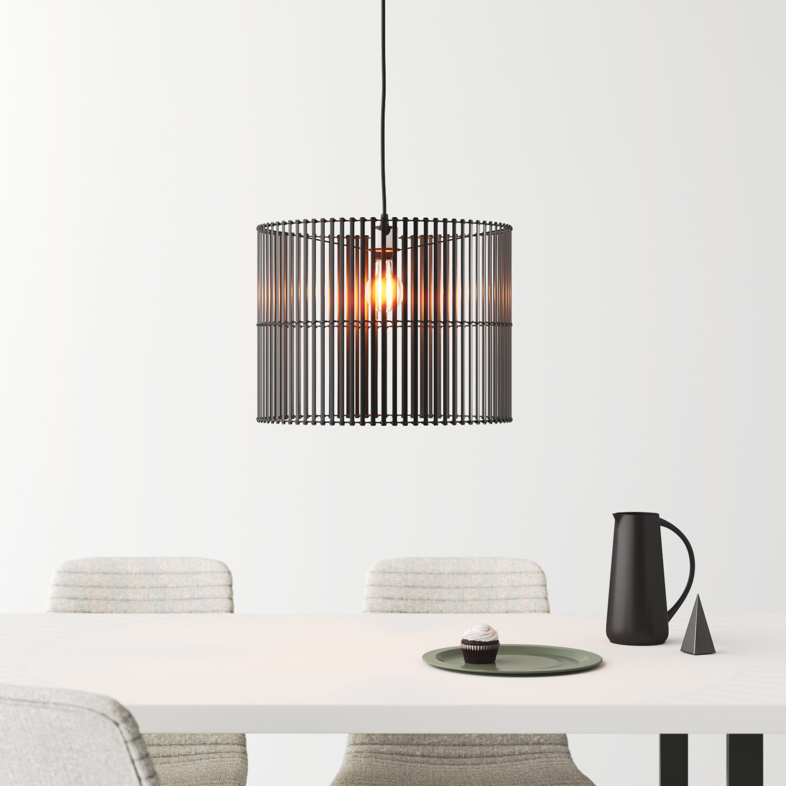 Fareholm Single Light Rattan Dimmable Pendant, Black
