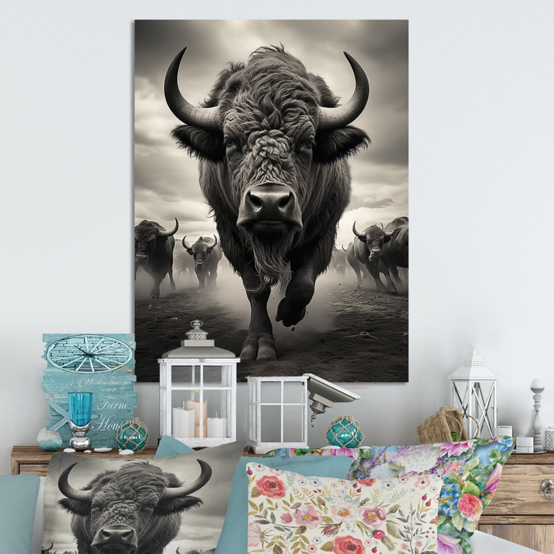 «Gray Buffalo Grazing Giants», reproduction d'art sur métal, H 32 po x l 24 po x P 1 po