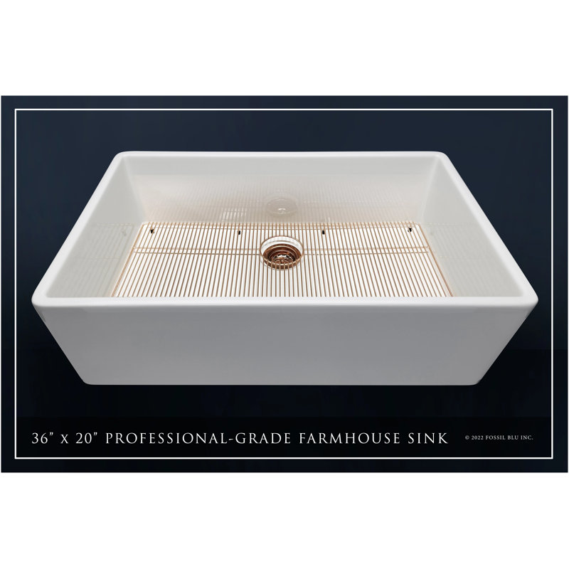 Luxury 36-Inch Solid Fireclay Farmhouse Sink, Flat Front, Polished Rose Gold Accessories