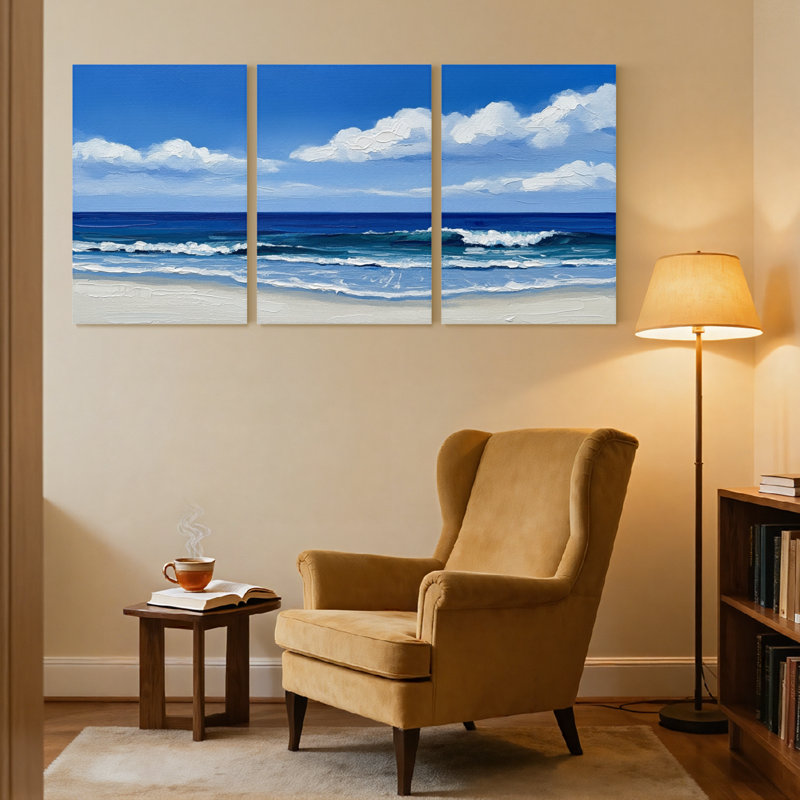 Nautique et plage, ciel bleu, nuages blancs, vagues de l'océan, plage de sable, ensemble de 3 impressions sur toile