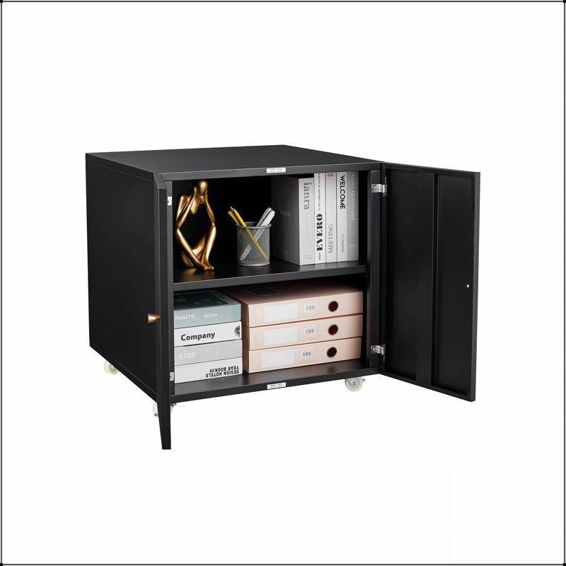 Piédestal mobile en acier durable avec portes d'aspiration magnétiques sécurisées pour les copieurs et les imprimantes de bureau, maximisant l'espace et l'efficacité.