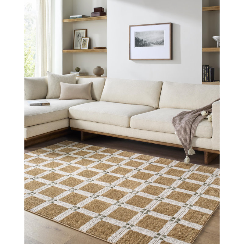 Tapis tissé à la machine Eliya, Brun / ivoire / gris / vert, Rectangle 6 pi 7 po x 9 pi