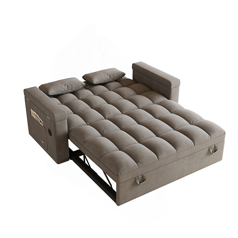 Grand canapé-lit pliable 65 po 3-en-1 avec table, USB et accoudoirs de rangement, dossier et coussin réglables, conception moderne en velours