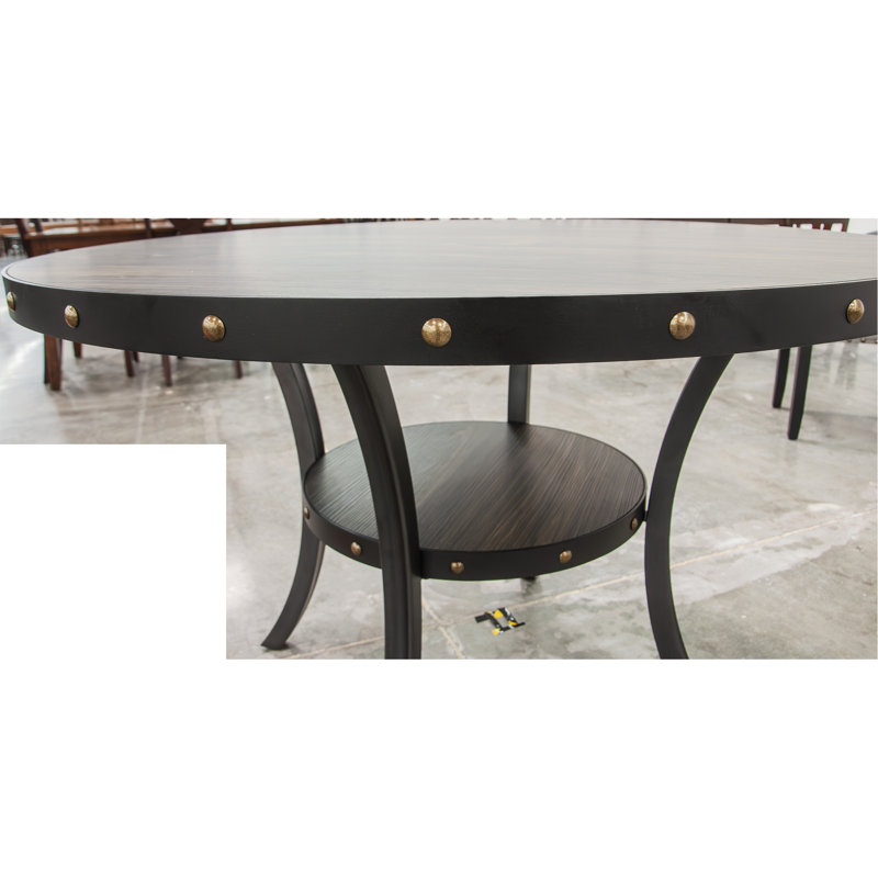 Table de salle à manger ronde en bois naturel, 1 pièce, clous décoratifs et tablette de rangement inclus